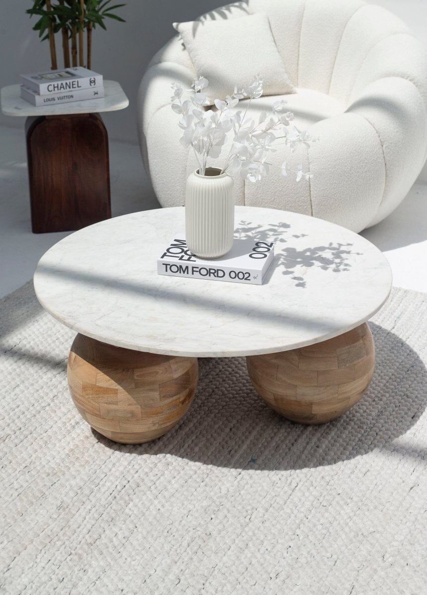 Pallas Round Marble Top Coffee Table with Three Round Legs