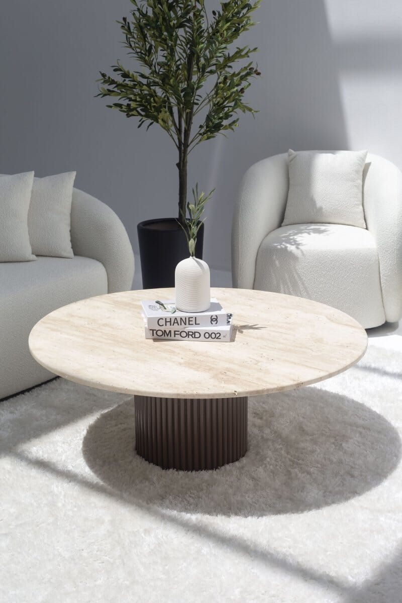 Petronia Beige Travertine Coffee Table With Brown Base MGH 