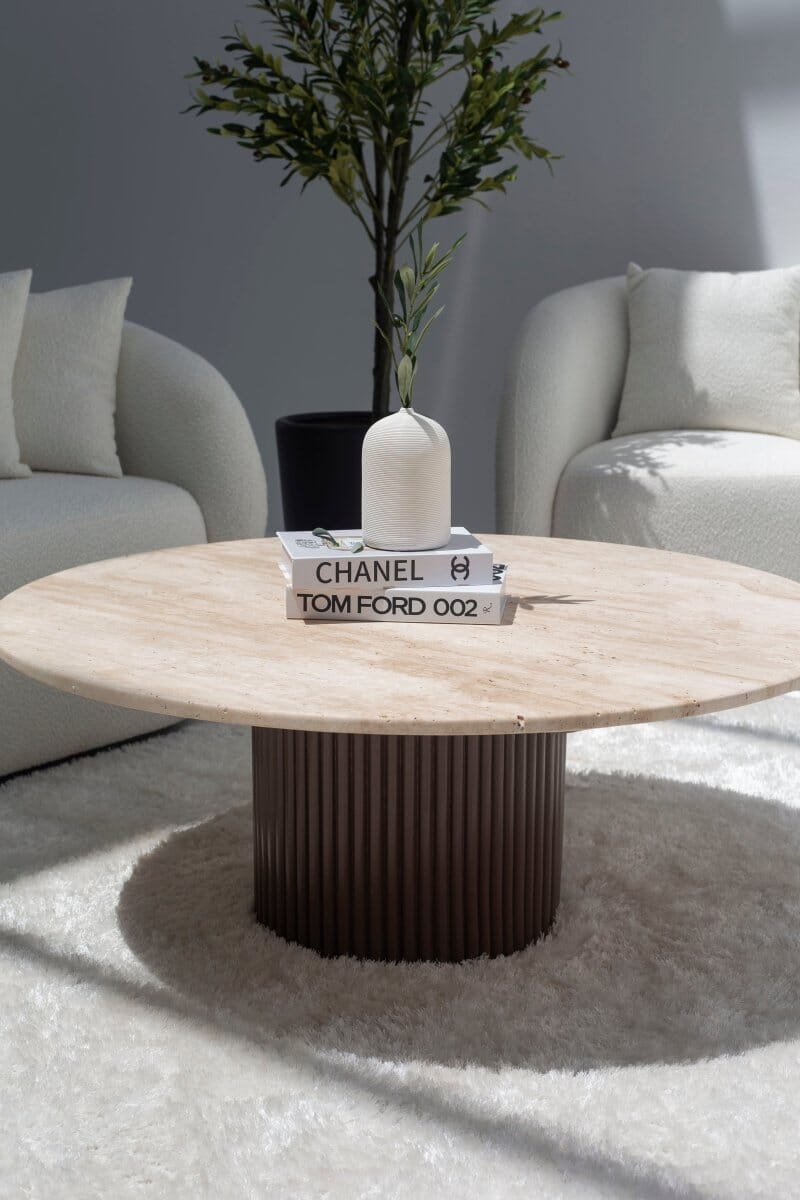Petronia Beige Travertine Coffee Table With Brown Base 