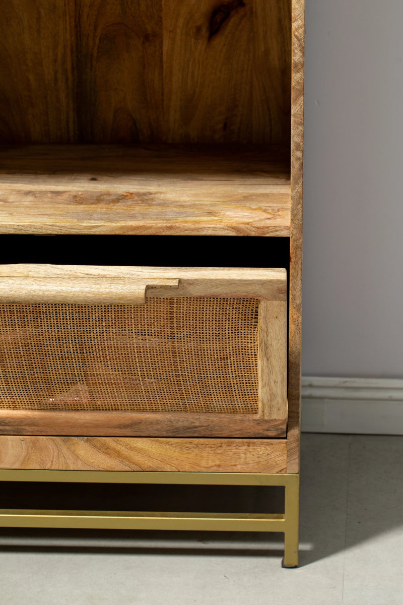 Rattan Mango Wood Bookcase/Shelves with Gold Base 