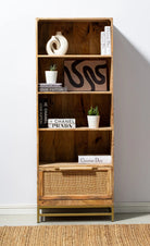 Rattan Mango Wood Bookcase/Shelves with Gold Base 