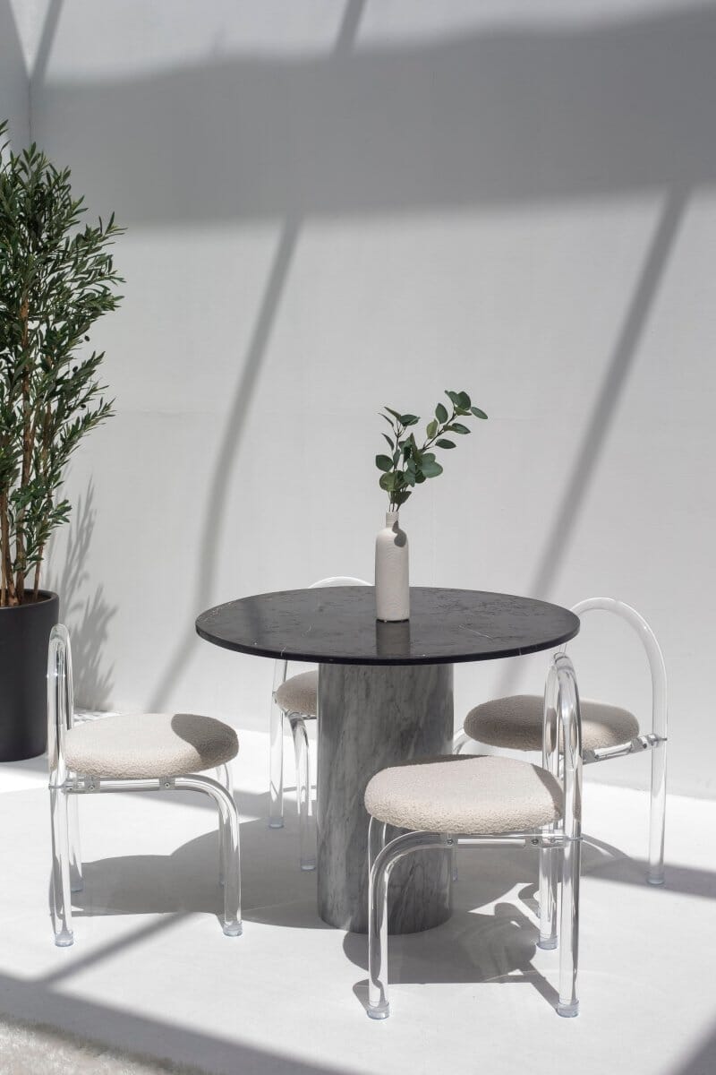 Cynthia Black Marquina Marble Dining Table with Bianco Joya Base (2 Sizes)