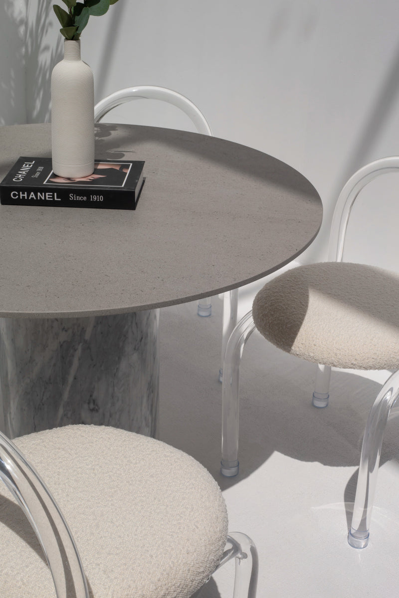 Cynthia Grey Dekton Dining Table with Bianco Joya Base 