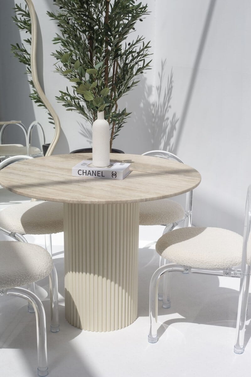 Cornelia Silver Travertine Dining Table (4 Leg Colors) 