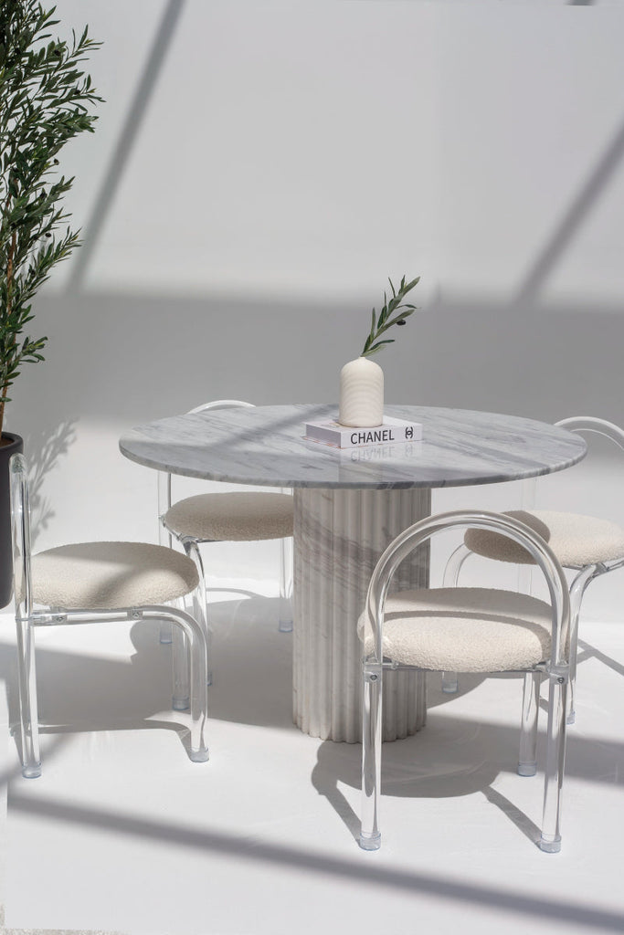 Cornelia Bianco Joya Marble Dining Table With White Fluted Marble Base (2 Sizes) MGH 