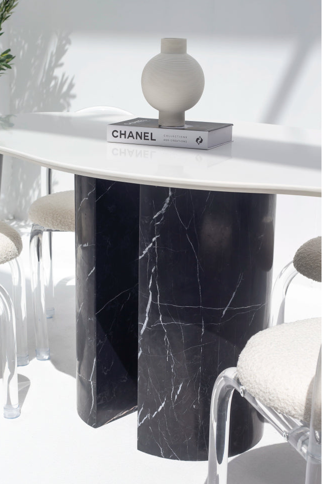 Rebecca White Quz Irregular Dining Table With Black Marquina Base (2 Sizes) 