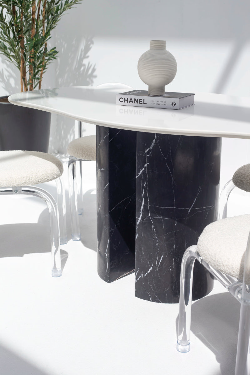 Rebecca White Quartz Irregular Dining Table With Black Marquina Base (2 Sizes) MGH 