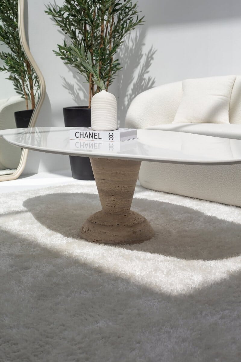 Berta Oval Irregular White Quartz Top Coffee Table with Solid Travertine Base Homekode 