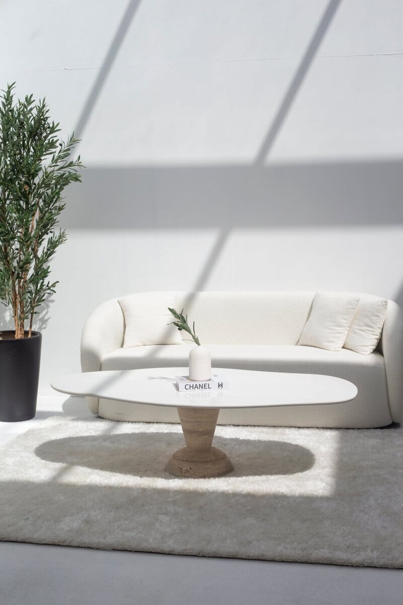 Berta Oval Irregular White Quz Top Coffee Table with Solid Travertine Base Homekode 