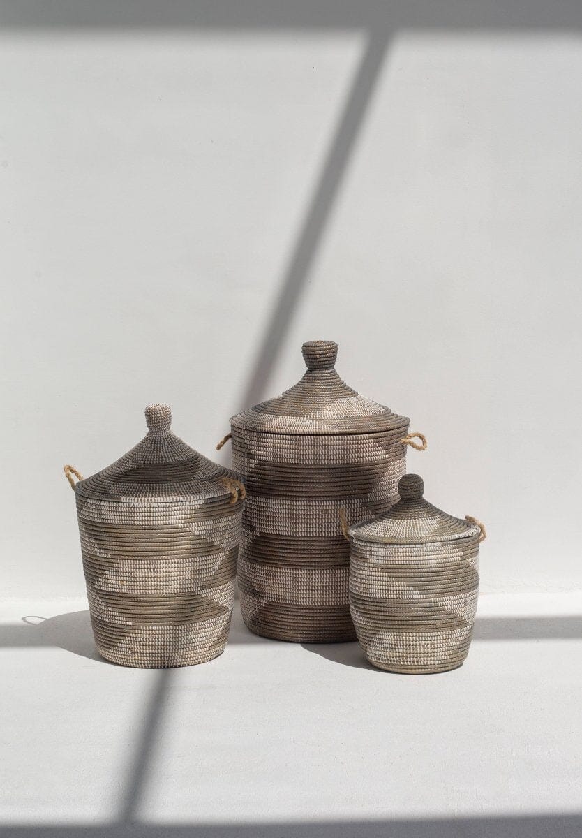 Maisha Handmade Herringbone Olive & White Classic Basket