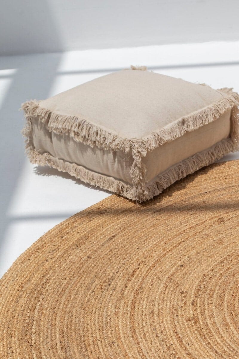 Beige Fringes Cotton Printed Pouf (50x50x15 CM) POUF 