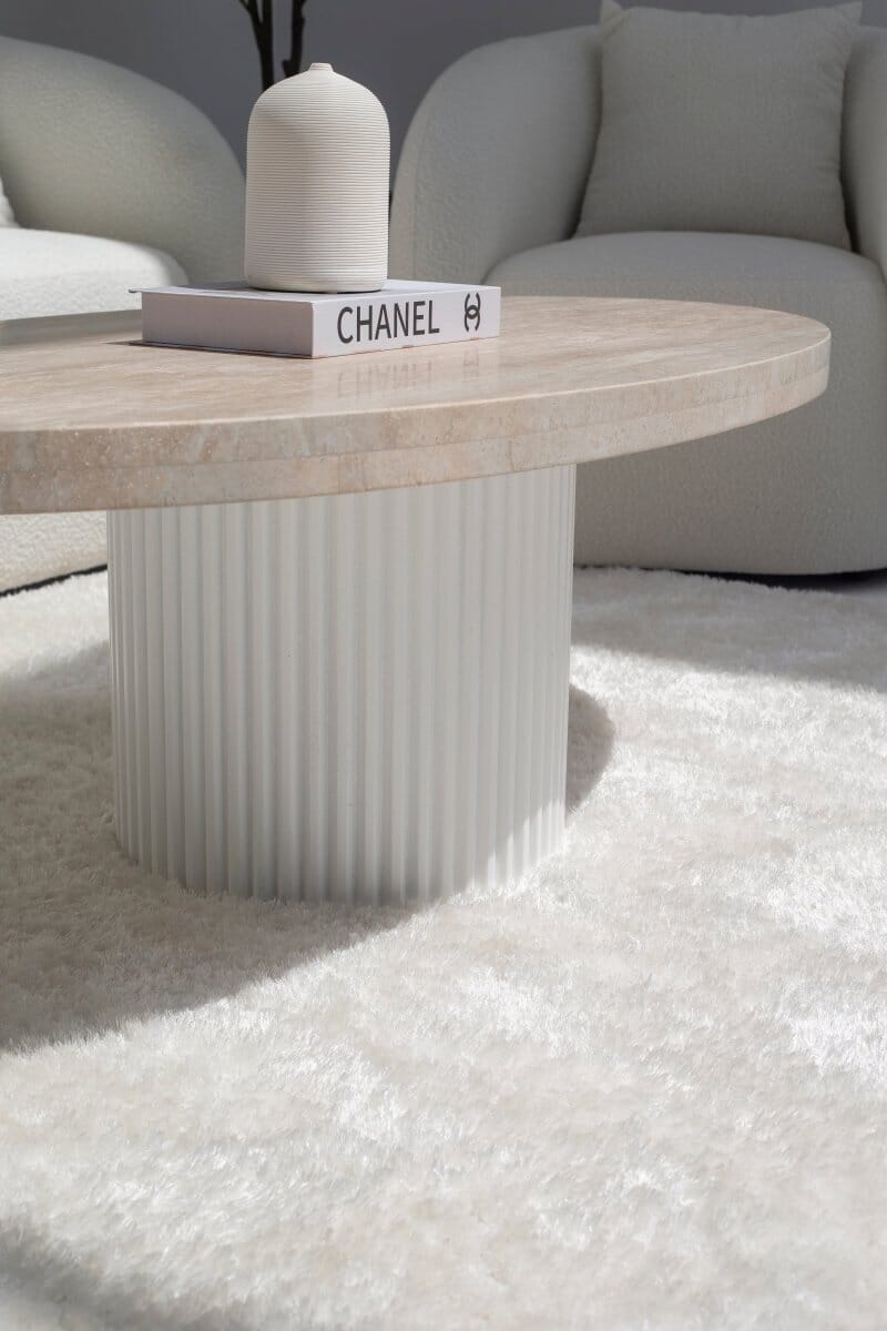 Melina Oval Travertine Coffee Table With White Base 