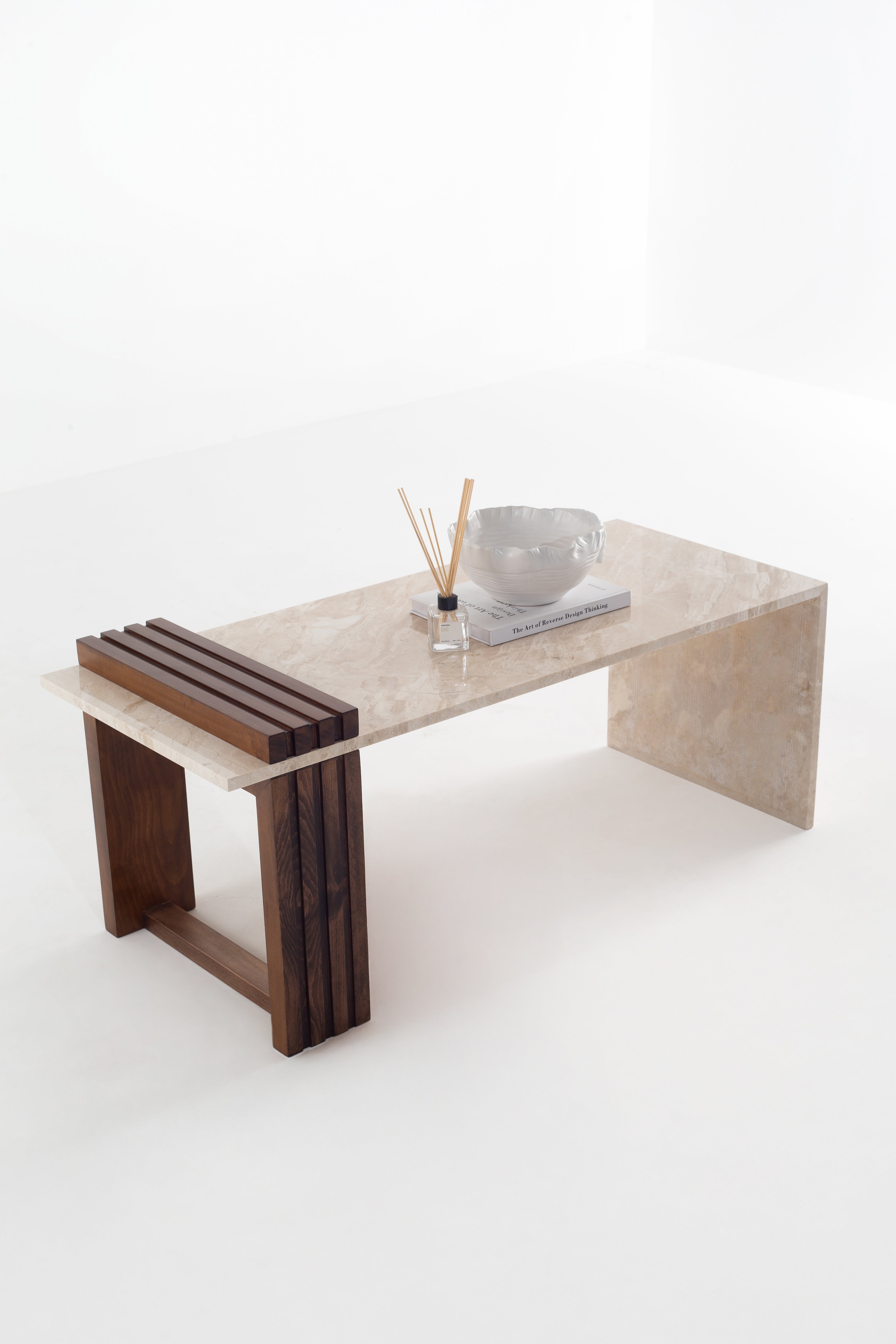 Solene Botticino Marble Table with Wooden Base