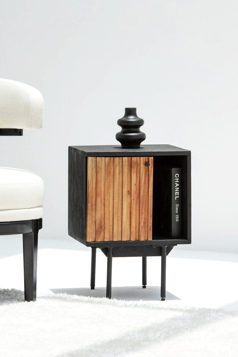 Klea Slat Wooden BedSide Table with Black Top & Legs ART 