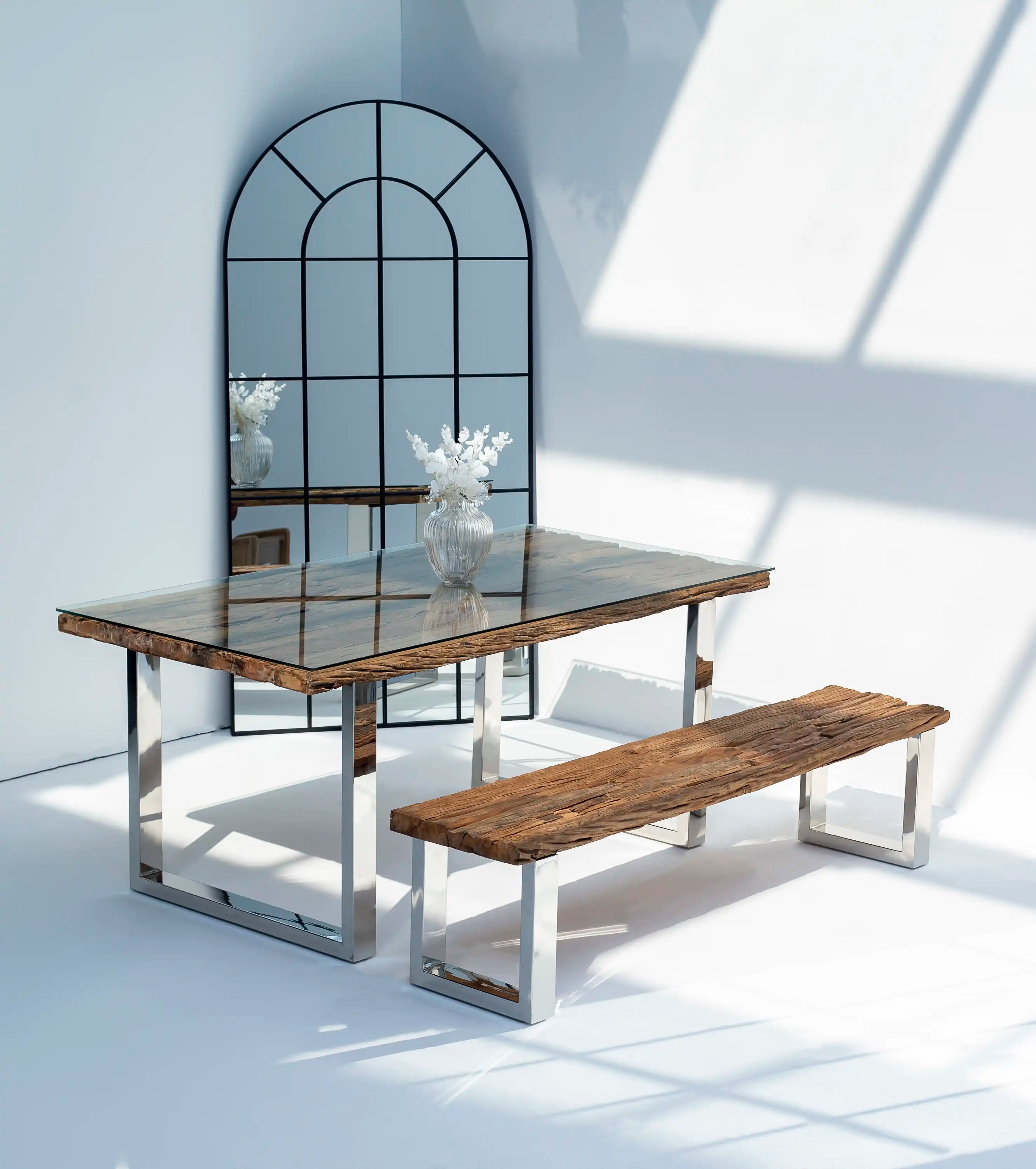 Meadow Railway Wood Dining Table (8 Sizes) 150x90x4CM Silver Steel/U Shape 