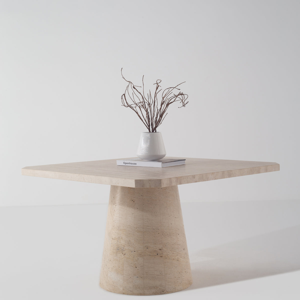 Mavra Square Travertine Dining Table with Sculptural Pedestal Base ...