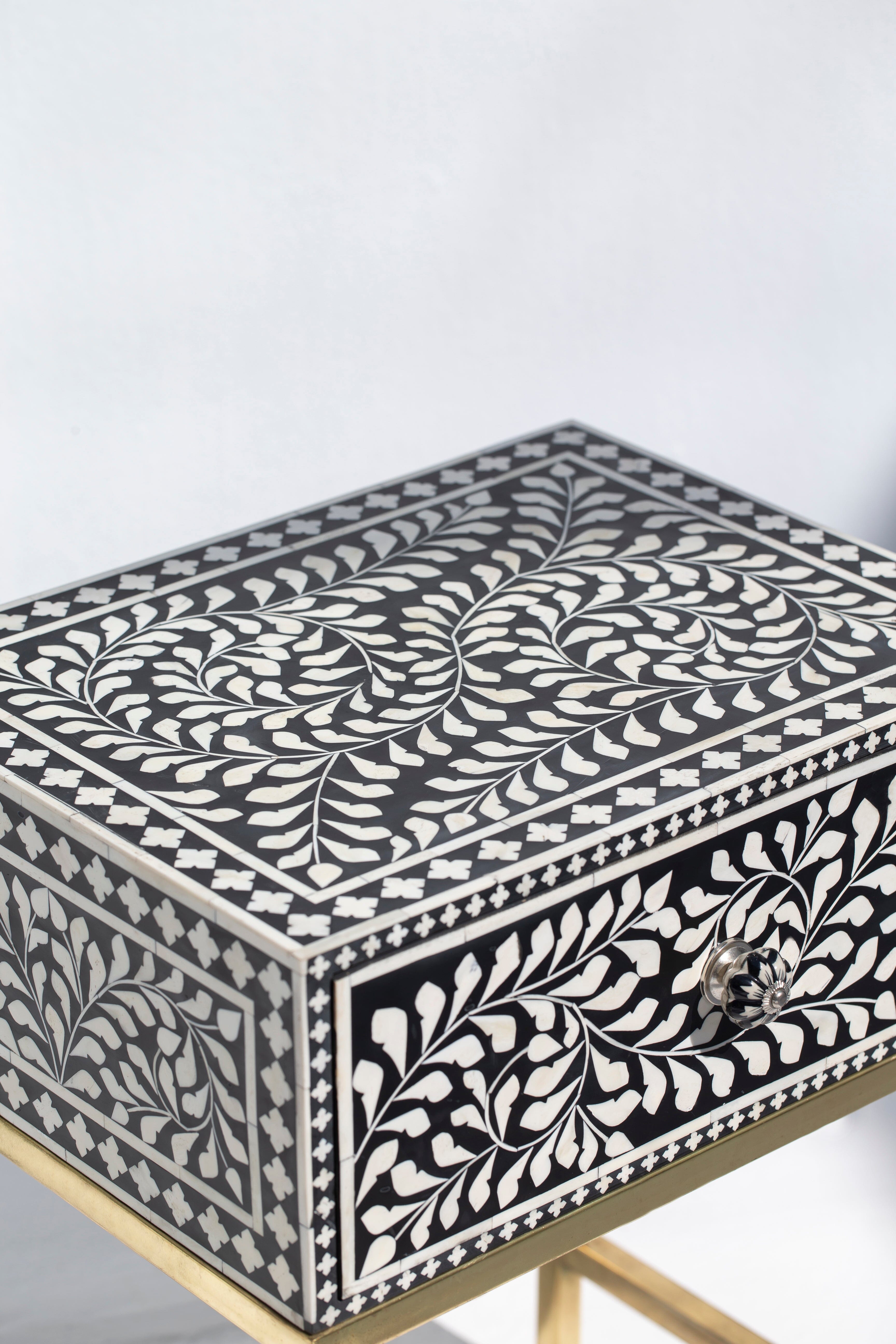 Wala Bone Inlay Black & White Side Table with Metal Legs Homekode 