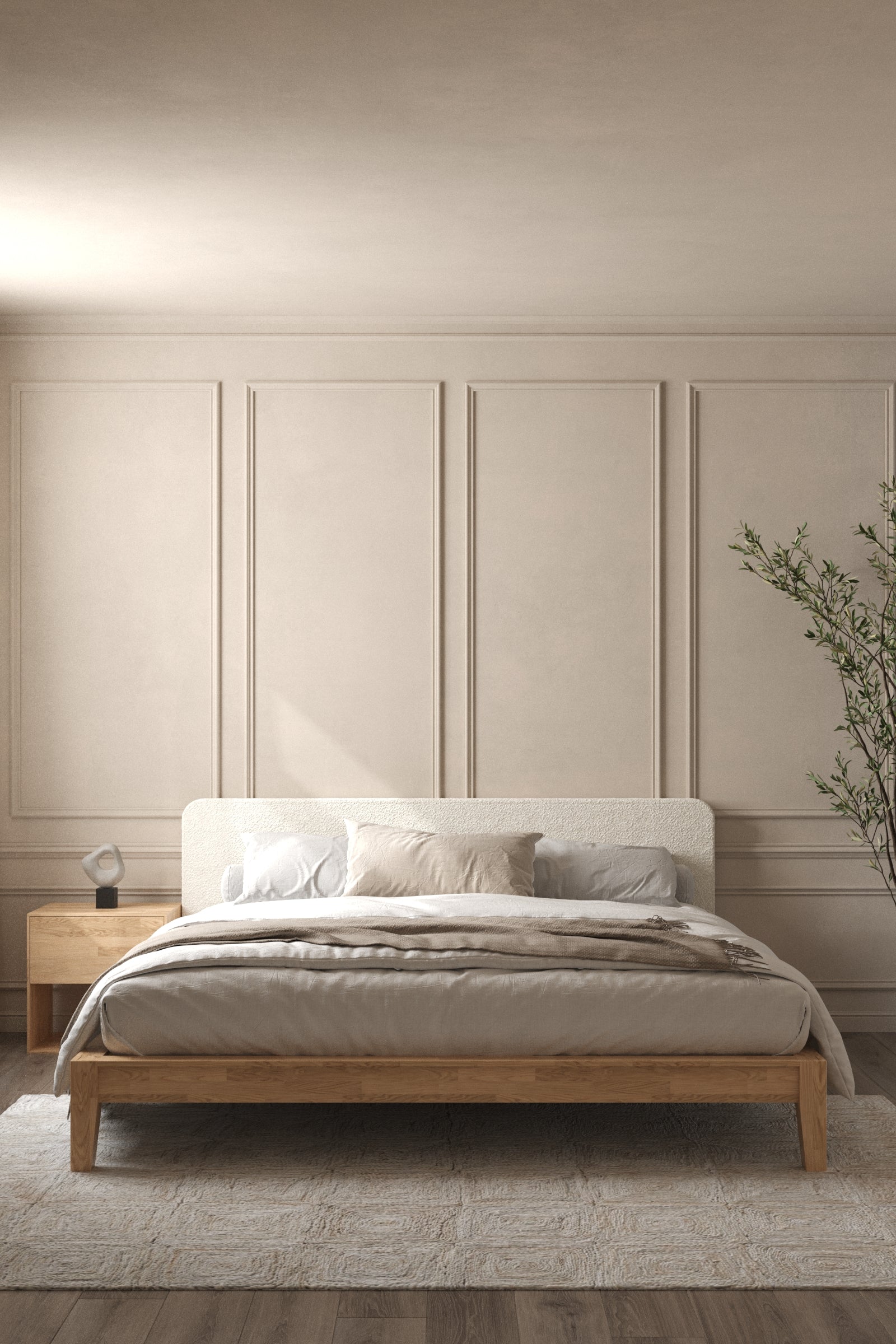 Hinata Japanese Joinery Boucle Light Wood Bed