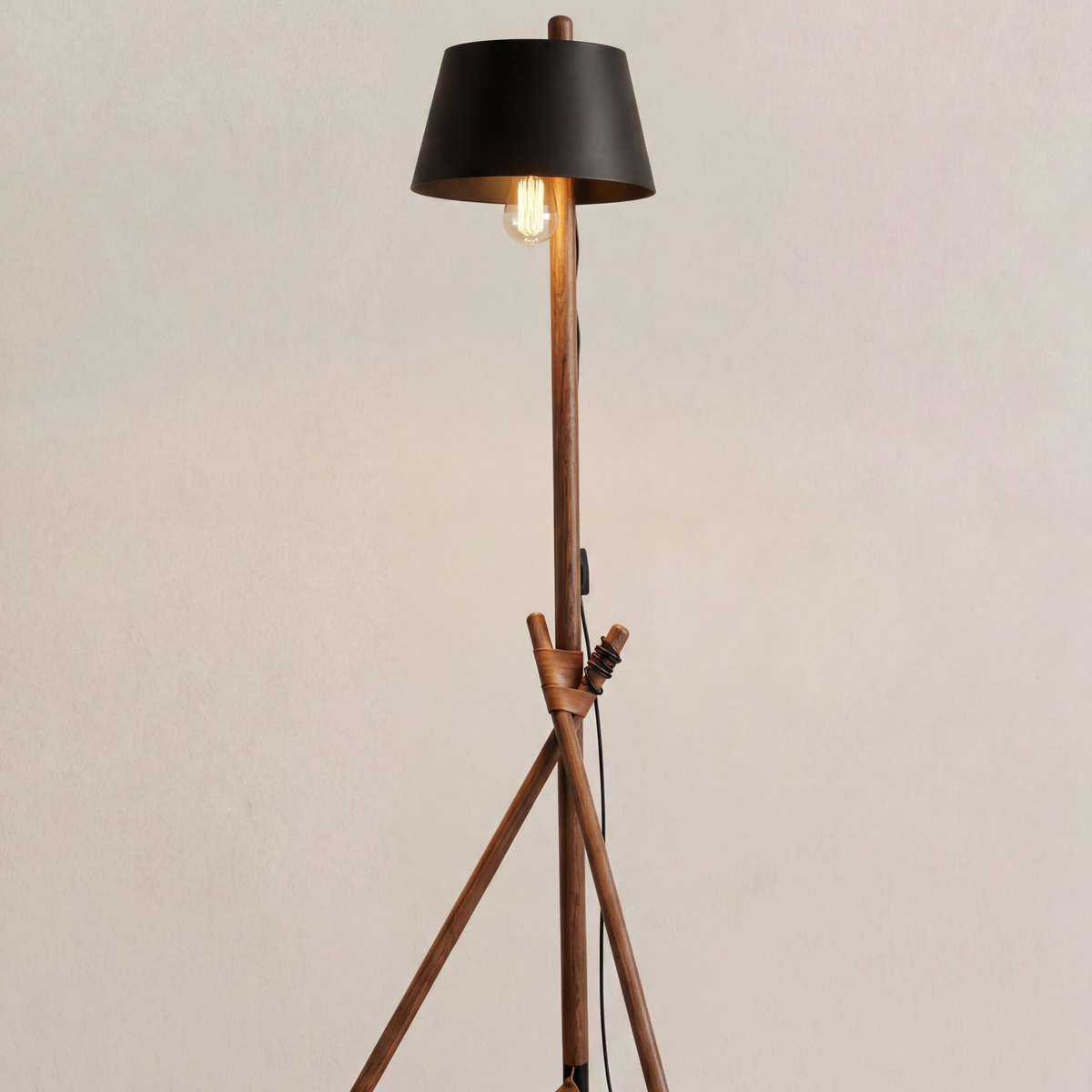 Kelza Wooden Tripod Floor Lamp with Black Shade Leather Base - Homekode