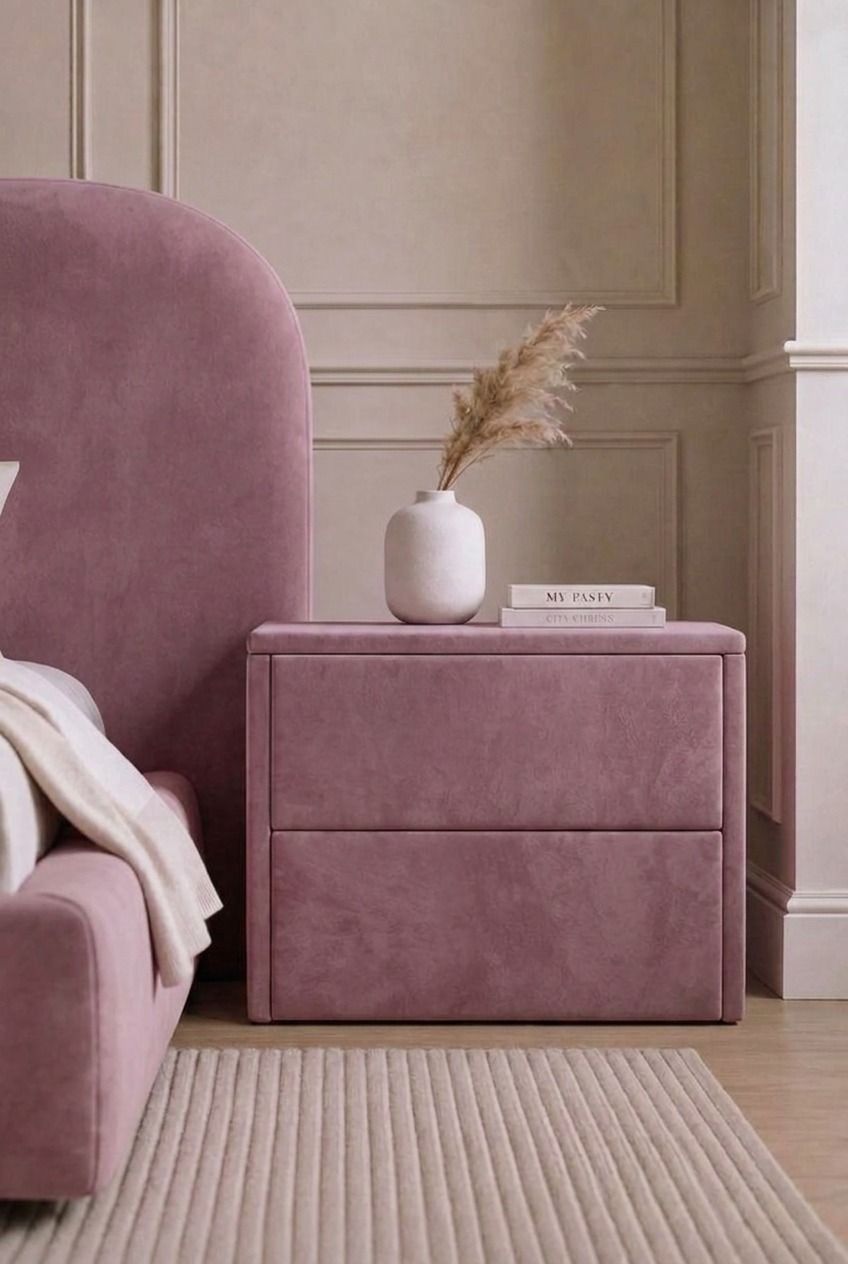 Kosta Mauve Blossom Velvet Rectangular Bedside Table