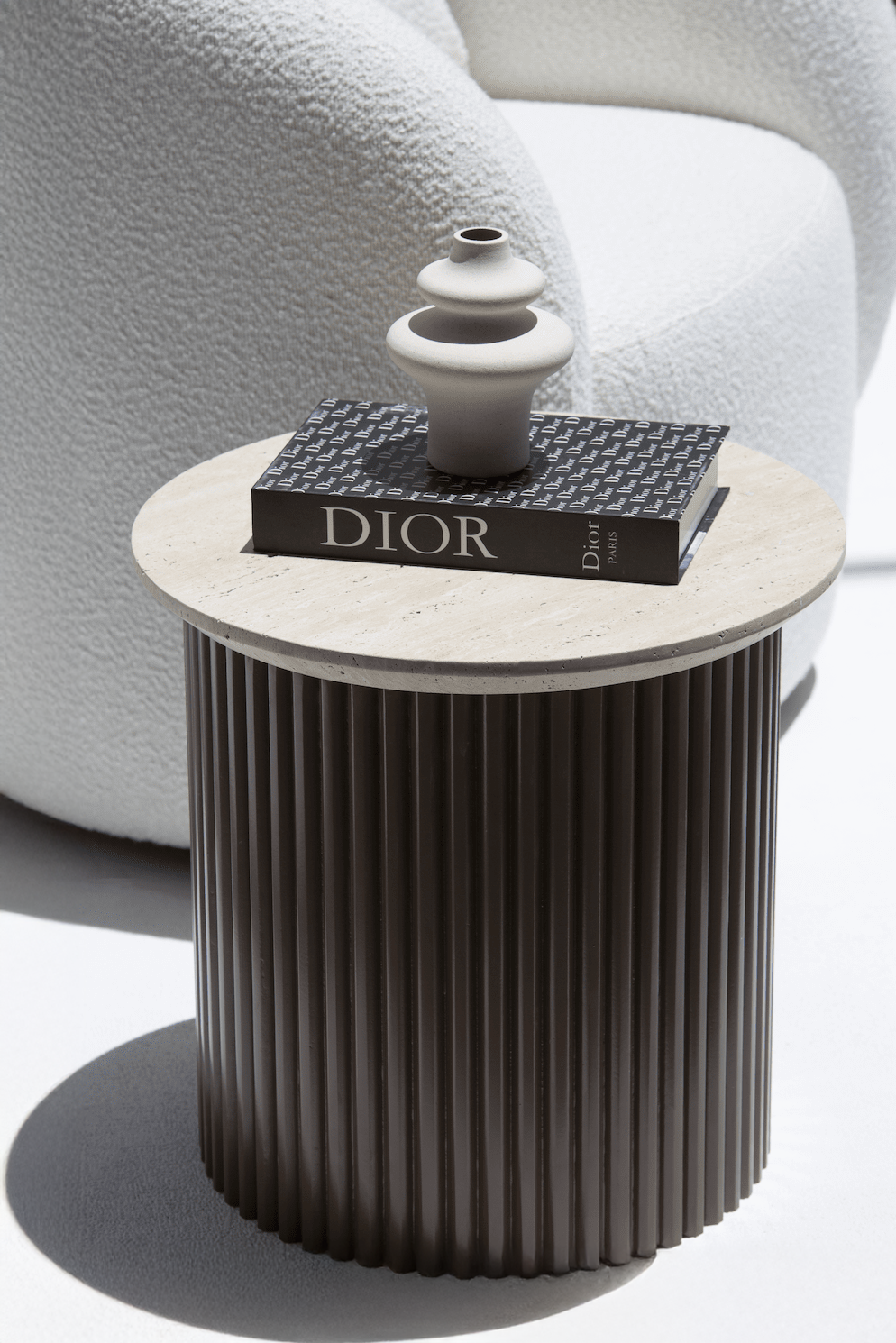 Lauren Beige Travertine Side Table with Brown Base