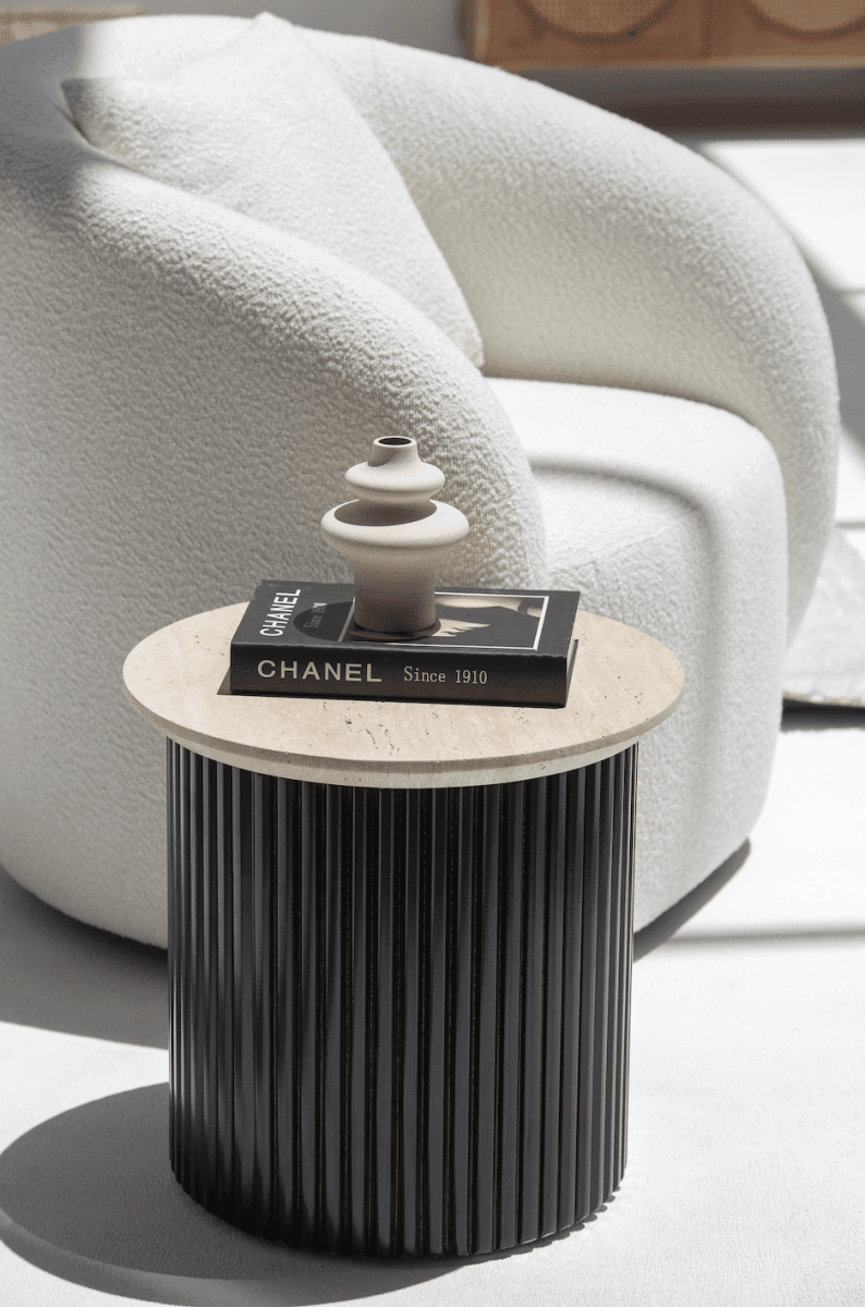 Lauren Beige Travertine Side Table with Black Base