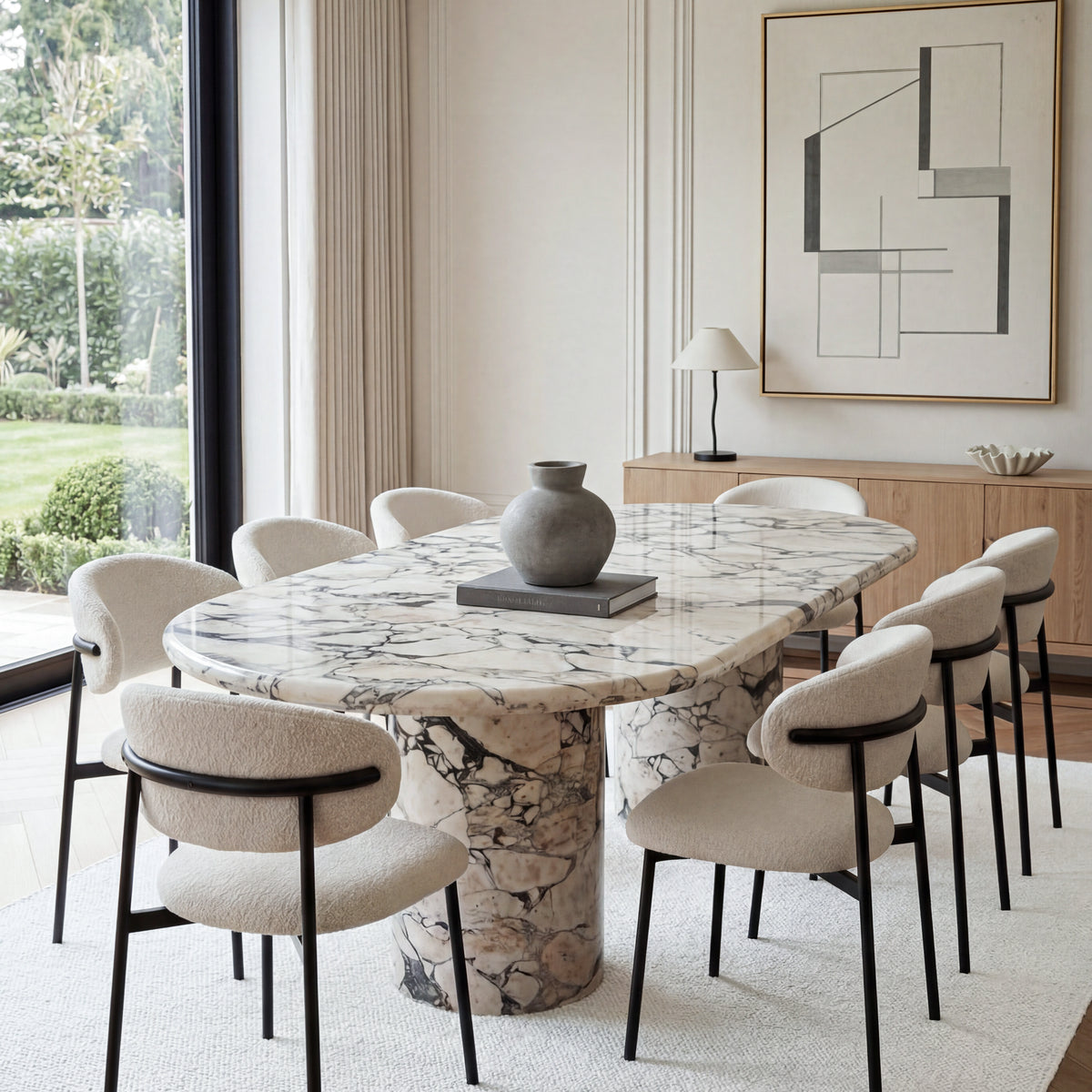 Meliora Oval Viola Marble Dining Table with Cylindrical Pedestal Base ...