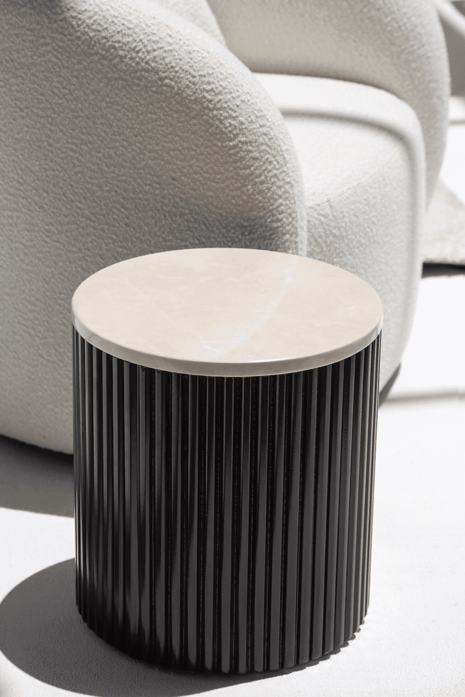 Nora Side Tables With Black Wooden Base With Crema Marfil Marble Top
