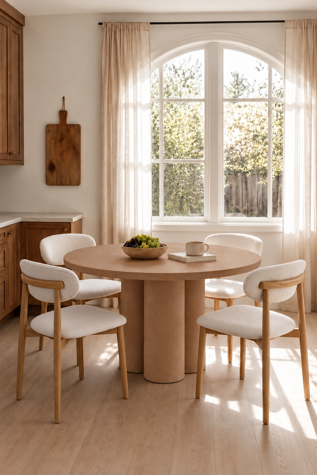 Olessa Brown Microconcrete Round Dining Table in a warm dining room