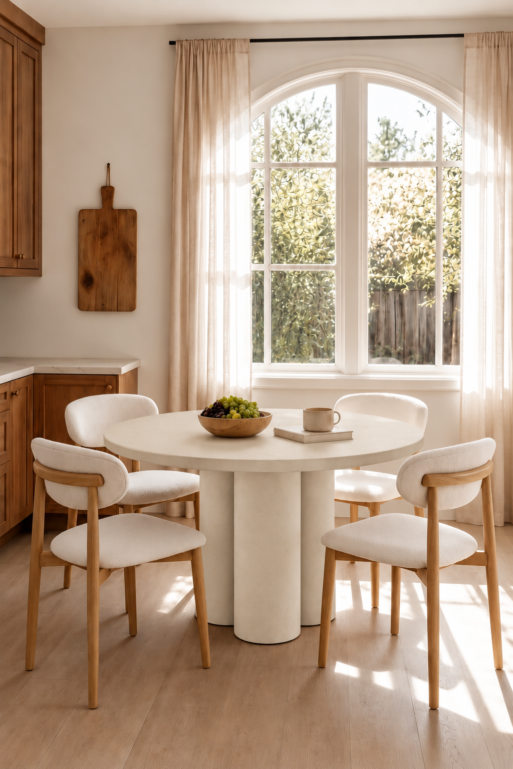 Olessa Light Beige Microconcrete Round Dining Table in a warm dining room