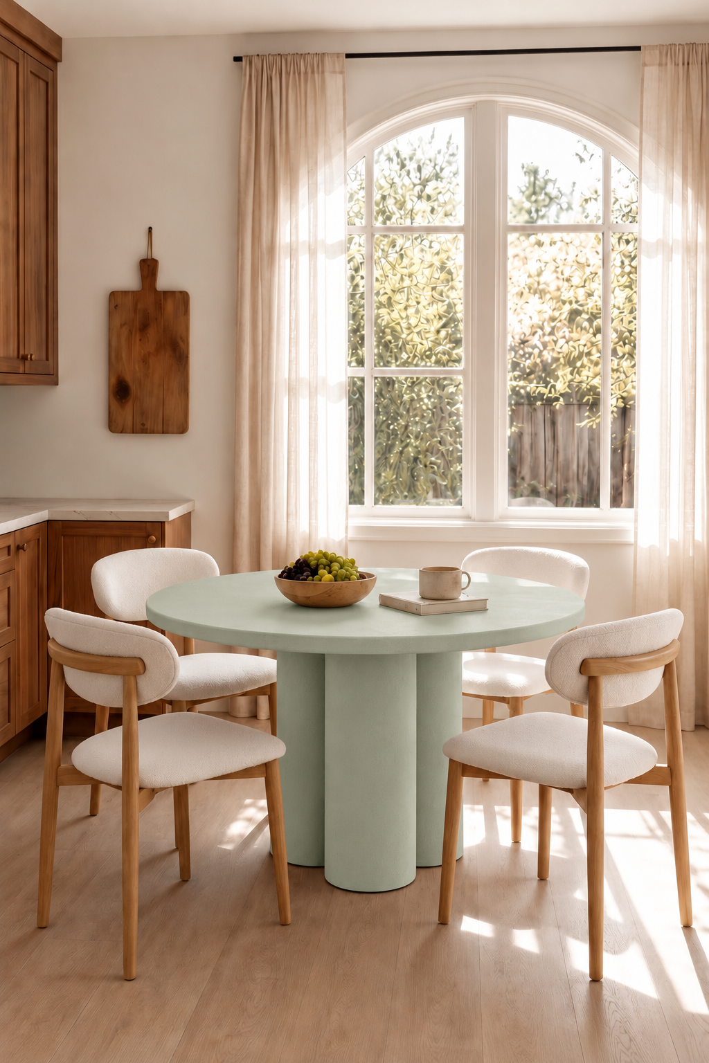 Olessa Pistachio Green Microconcrete Round Dining Table in a warm dining room
