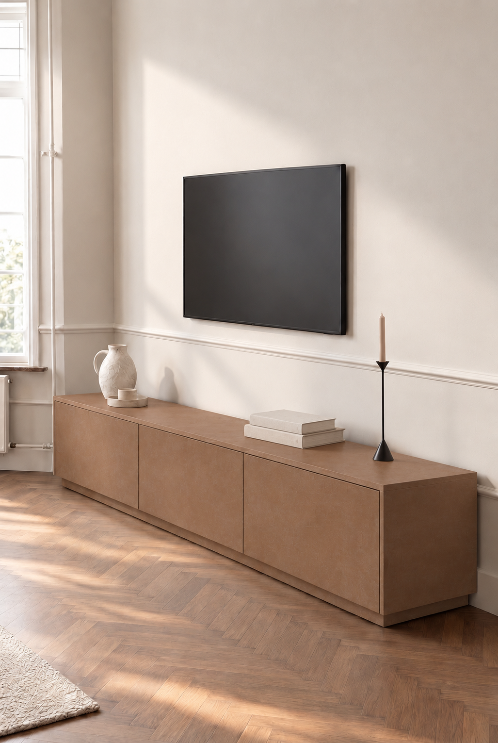 Orelvane Brown Microconcrete TV Unit in a modern living room