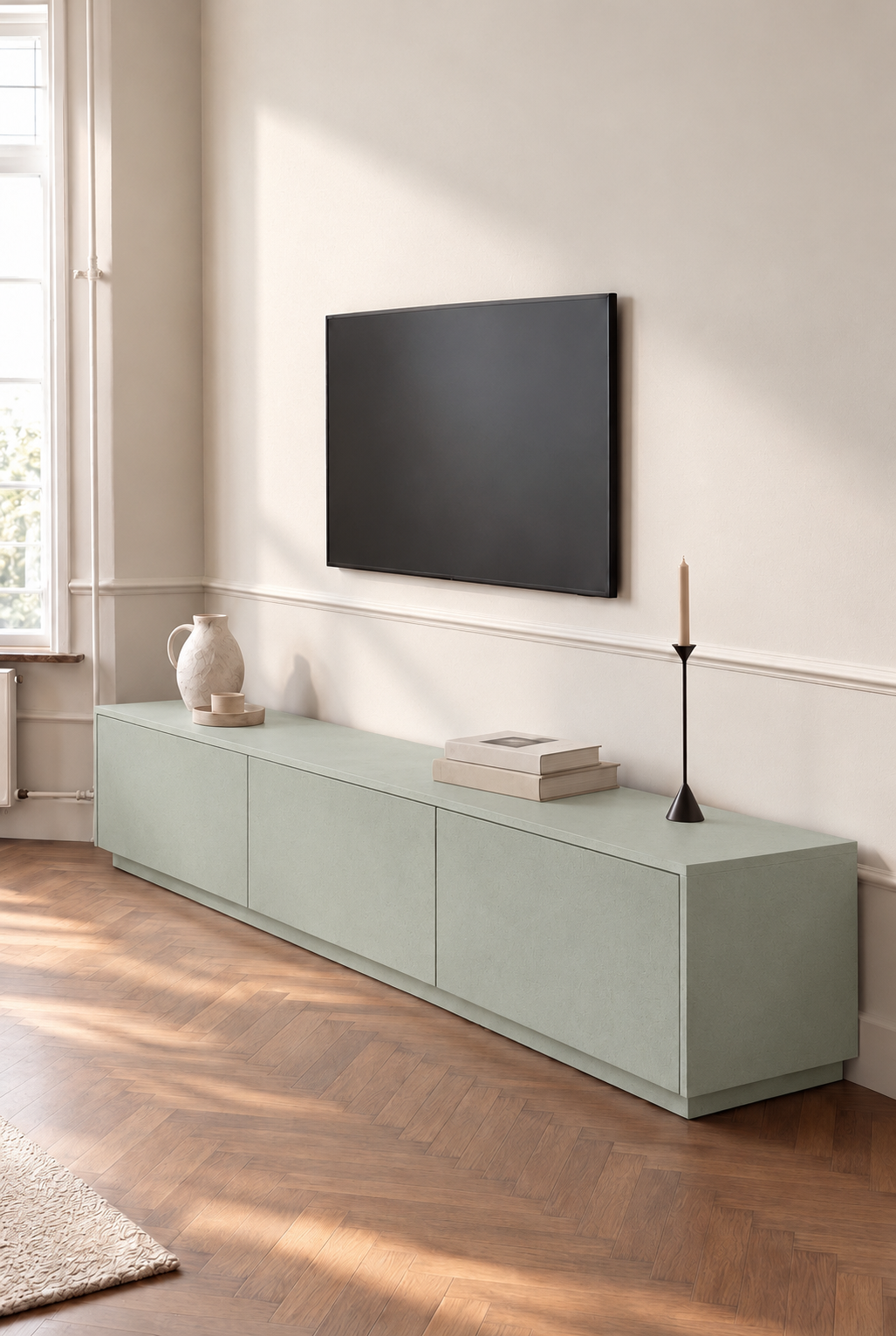 Orelvane Pistachio Green Microconcrete TV Unit in a modern living room