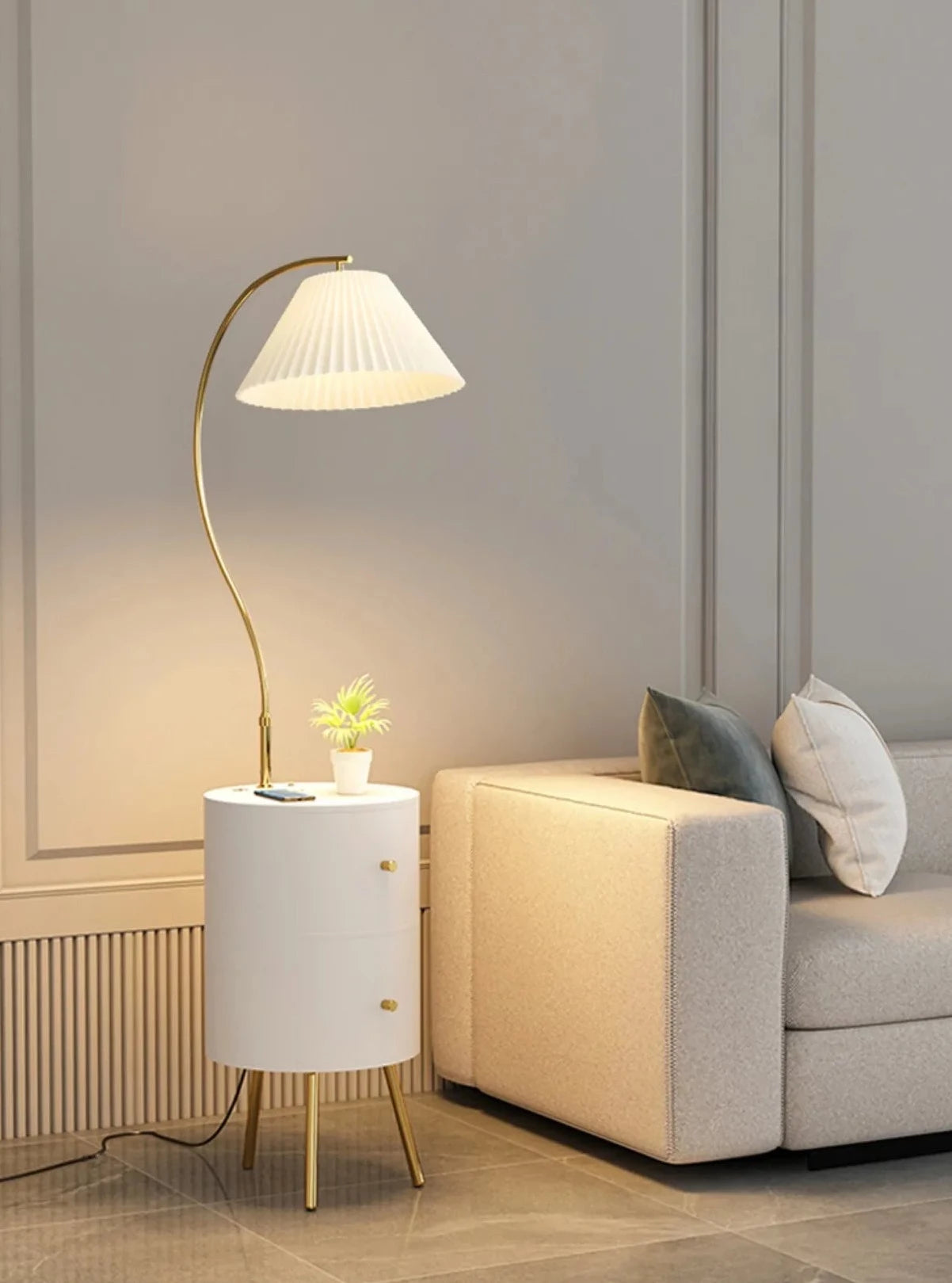 White and Gold Floor Lamp With Two Drawers