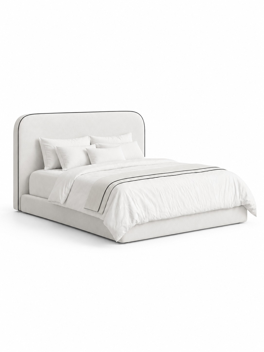Saevor Stone Ivory Fabric Bed with Black Piping Rounded Corners Headboard