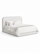 Saevor Stone Ivory Fabric Bed with Black Piping Rounded Corners Headboard