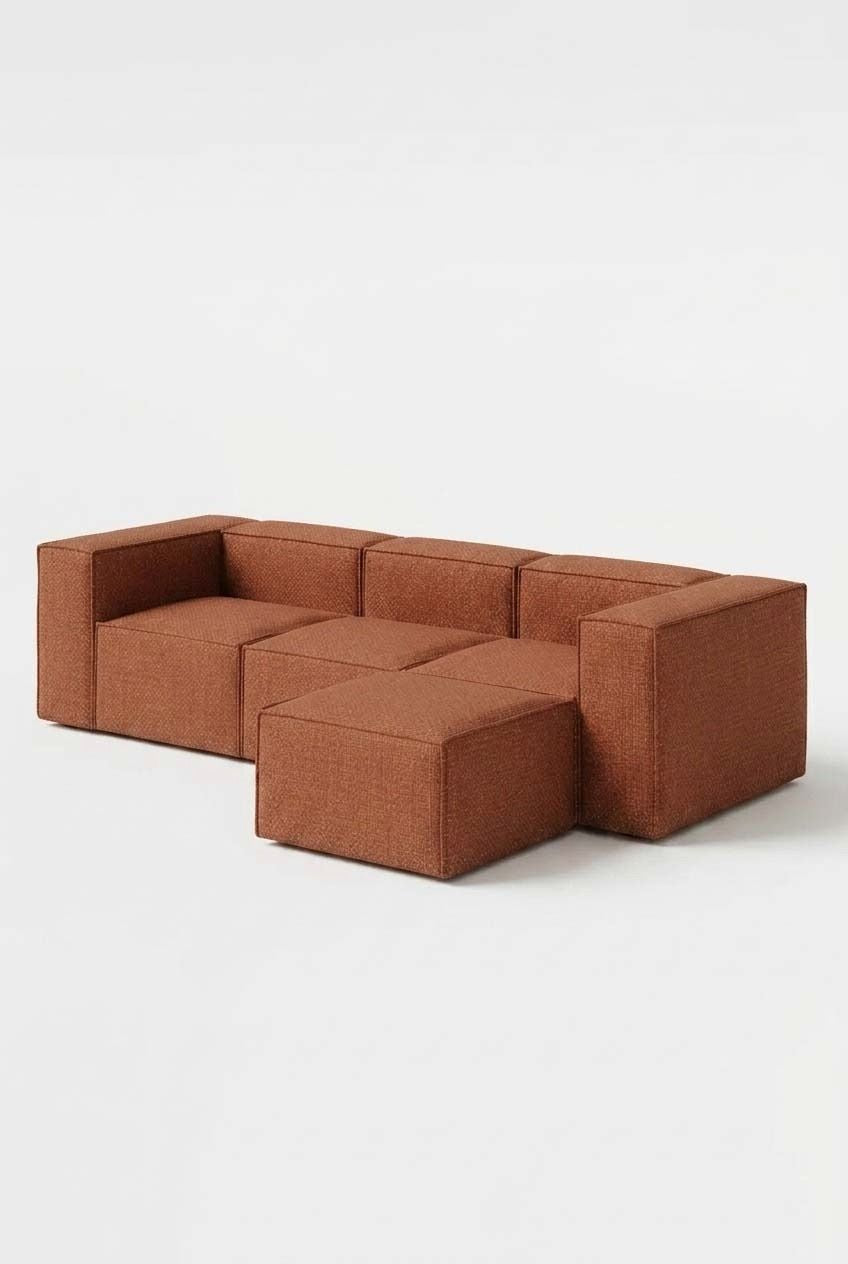 Safa Warm Terracotta Modular 3 Seater Sofa with Ottoman