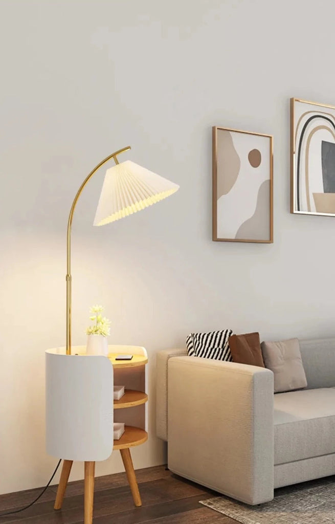 Wood, White, and Gold Floor Lamp With Shelve