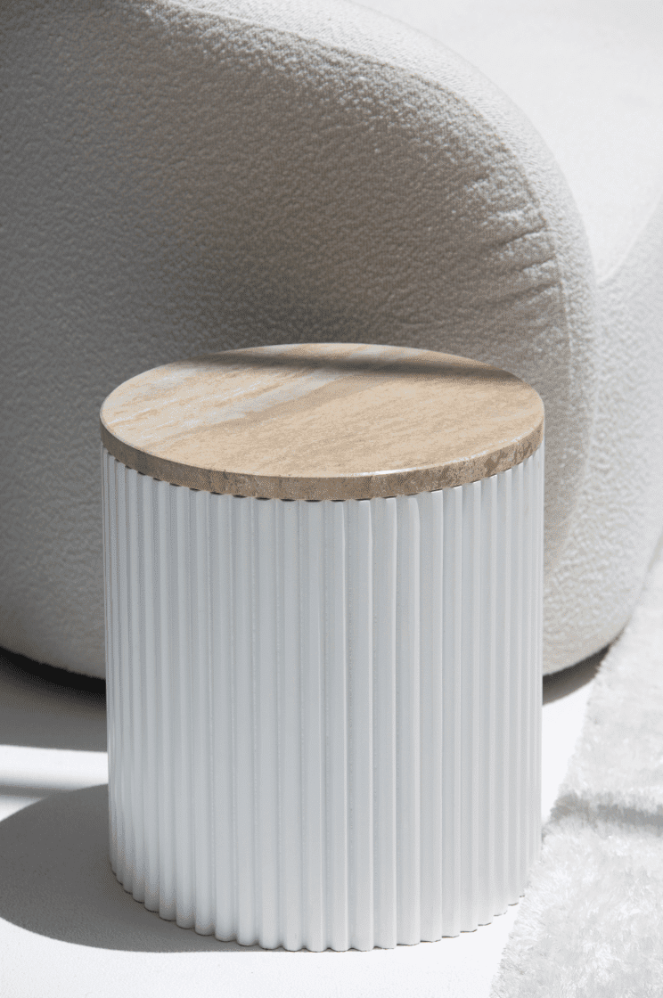 Nora Side Tables With White Wooden Base (18 Top Variants) Silver Travertine 