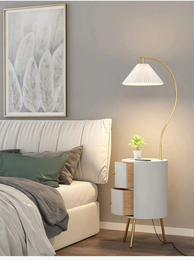 White and Gold Floor Lamp With Two Drawers