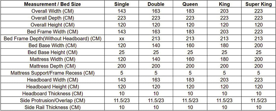 Size chart for Serenade Cream Boucle Fabric Bed with Wavy Headboard