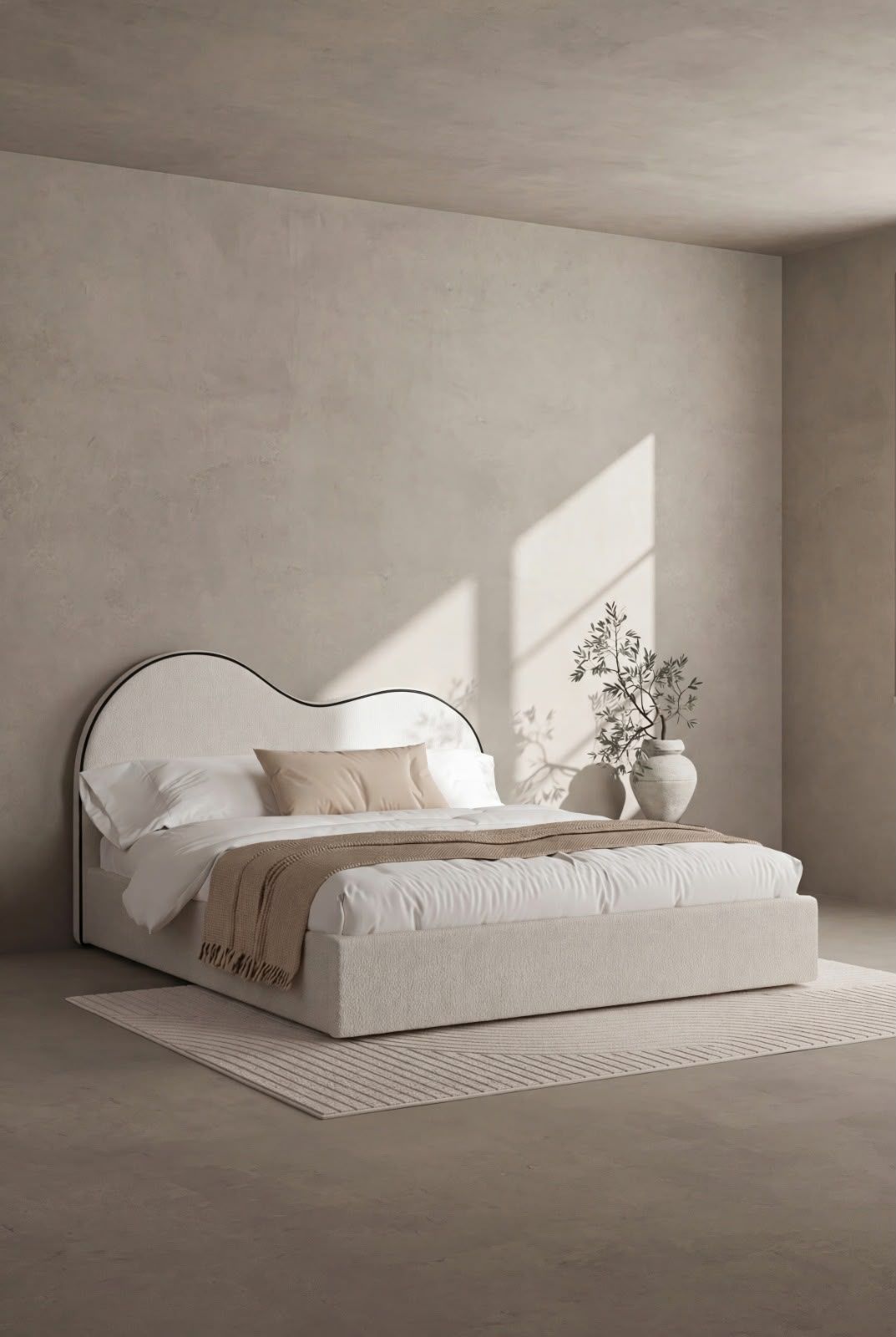 Serenade Cream Boucle Fabric Bed with Black Piping Wavy Headboard