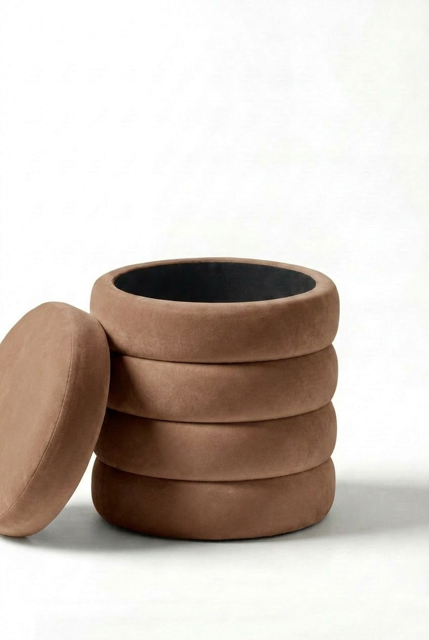 Sevil Taupe Velvet Layers Storage Pouf