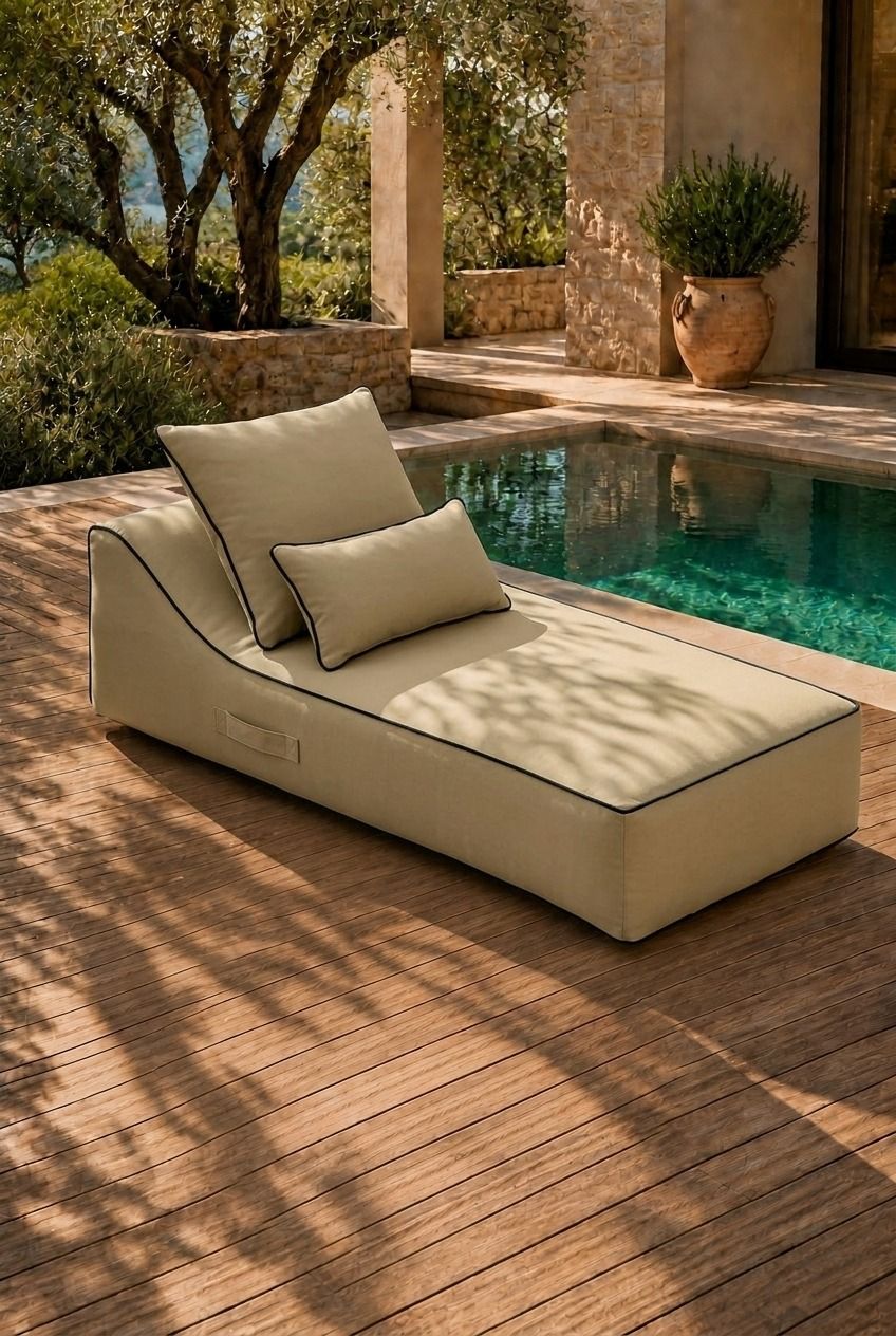 Vezan Beige Outdoor Chaise with Black Piping