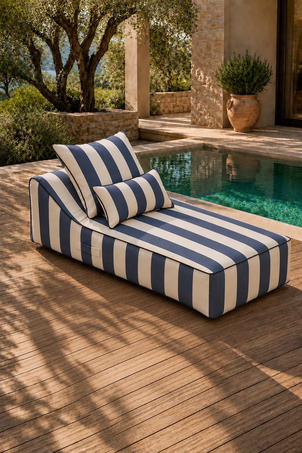 Vezan Blue Striped Outdoor Chaise with Black Piping