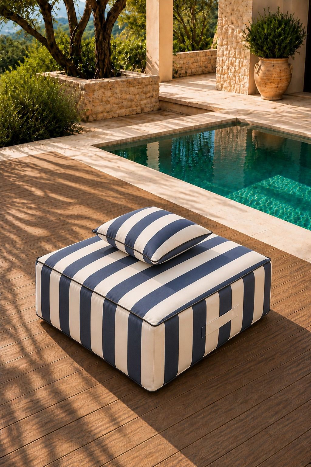 Vezan Blue Striped Outdoor Ottoman with Black Piping