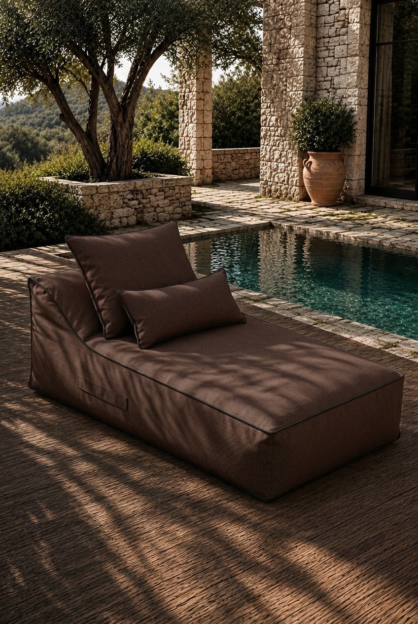 Vezan Brown Outdoor Lounger with Black Piping