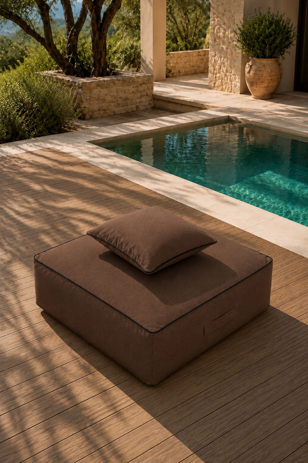 Vezan Brown Outdoor Ottoman with Black Piping