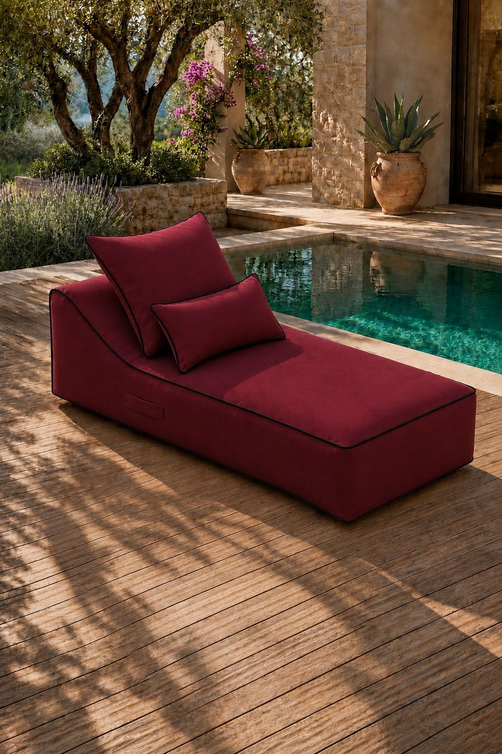 Vezan Burgundy Outdoor Chaise with Black Piping