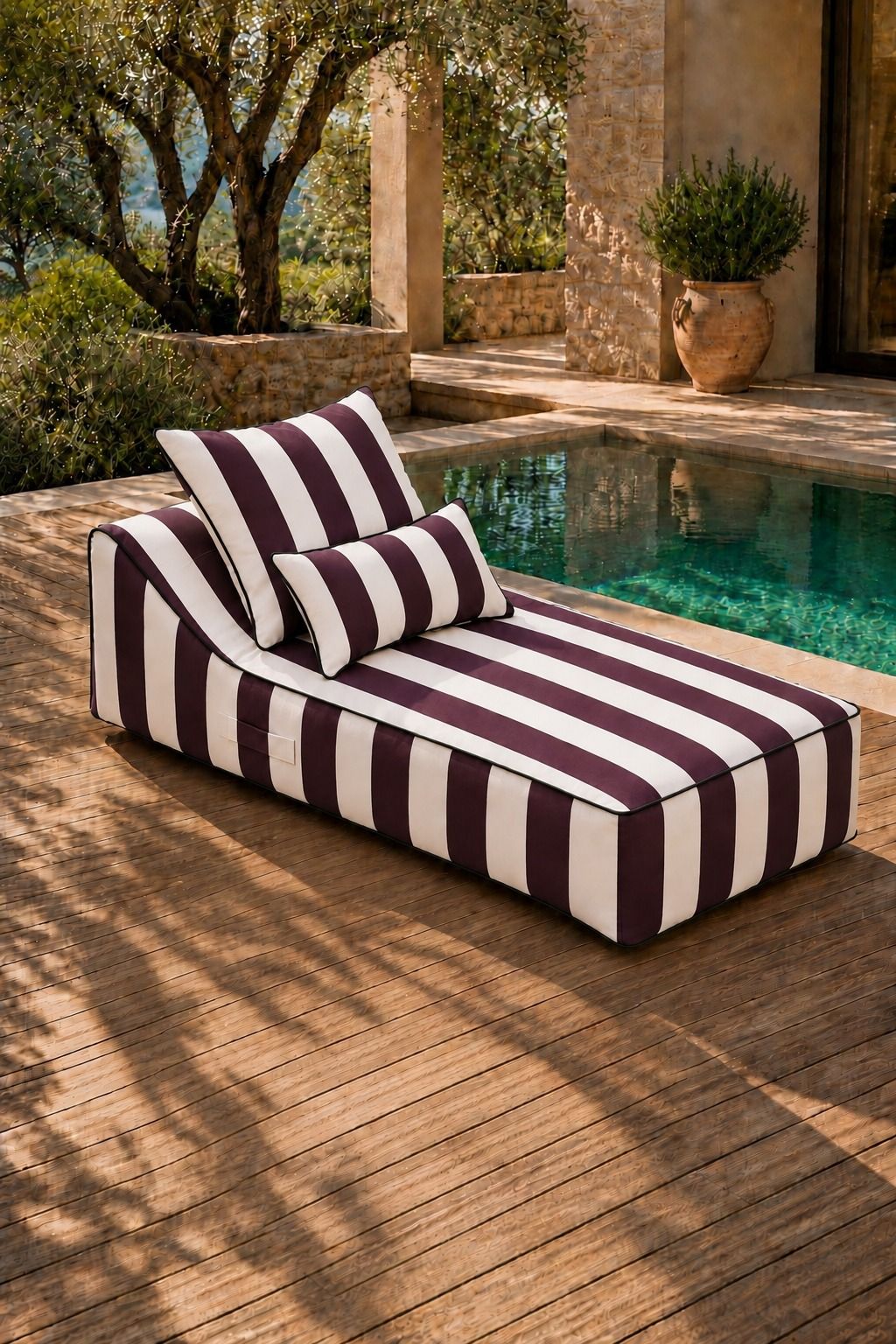 Vezan Burgundy Striped Outdoor Chaise with Black Piping